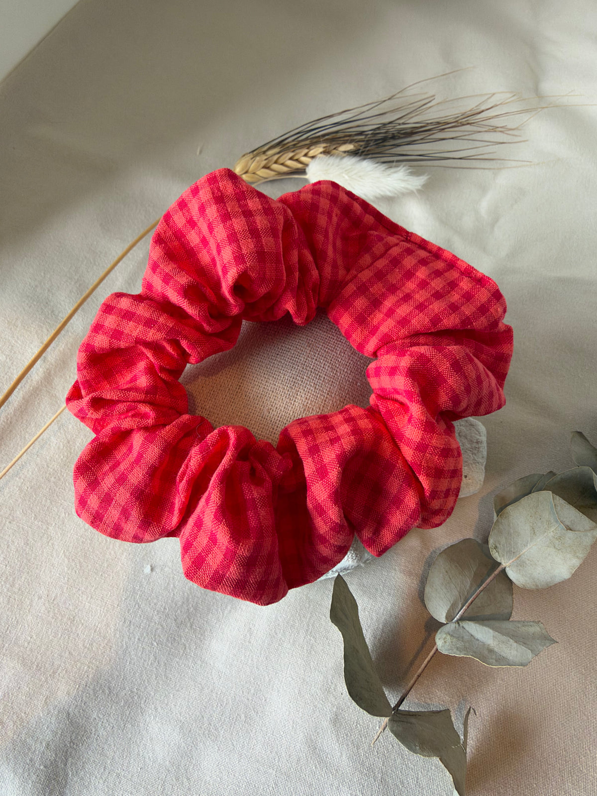 Chouchou petits carreaux rose flash / rouge
