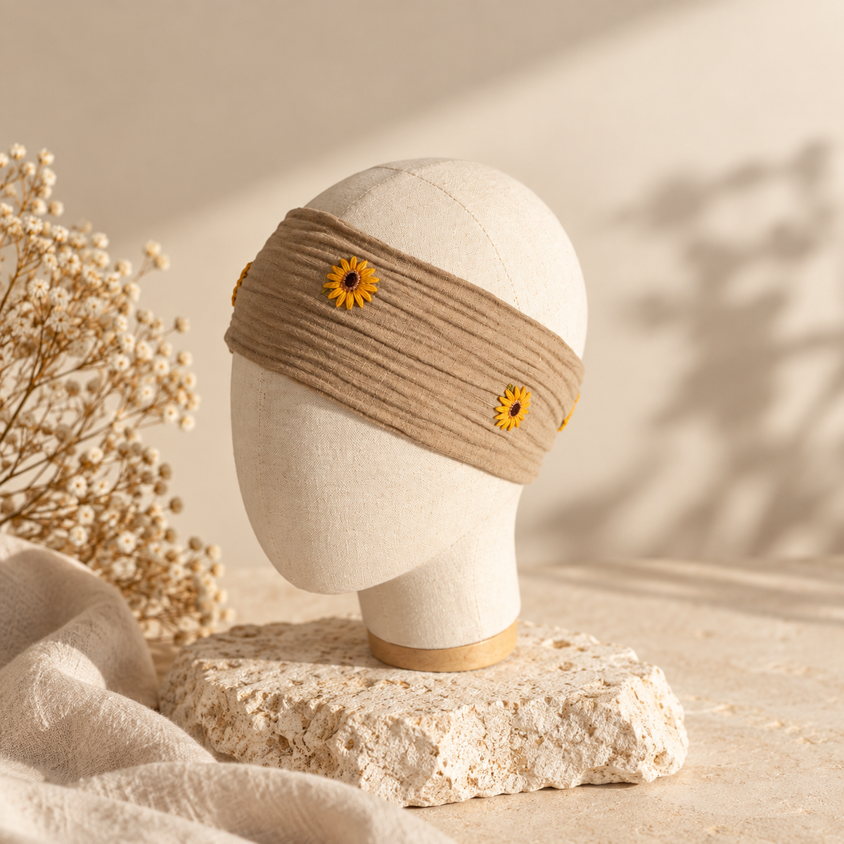Bandeau gaze de coton beige tournesols