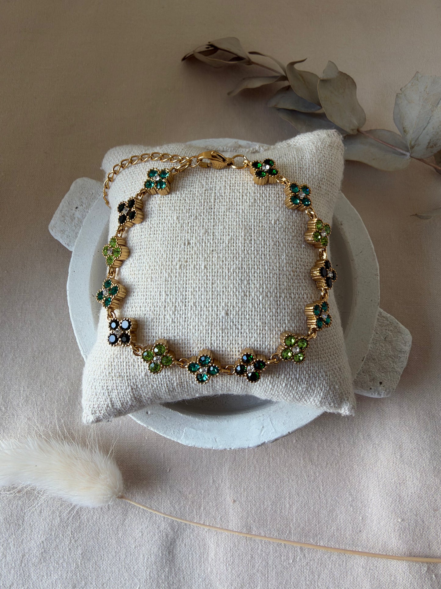 Bracelet fleurs strass vert tricolore doré