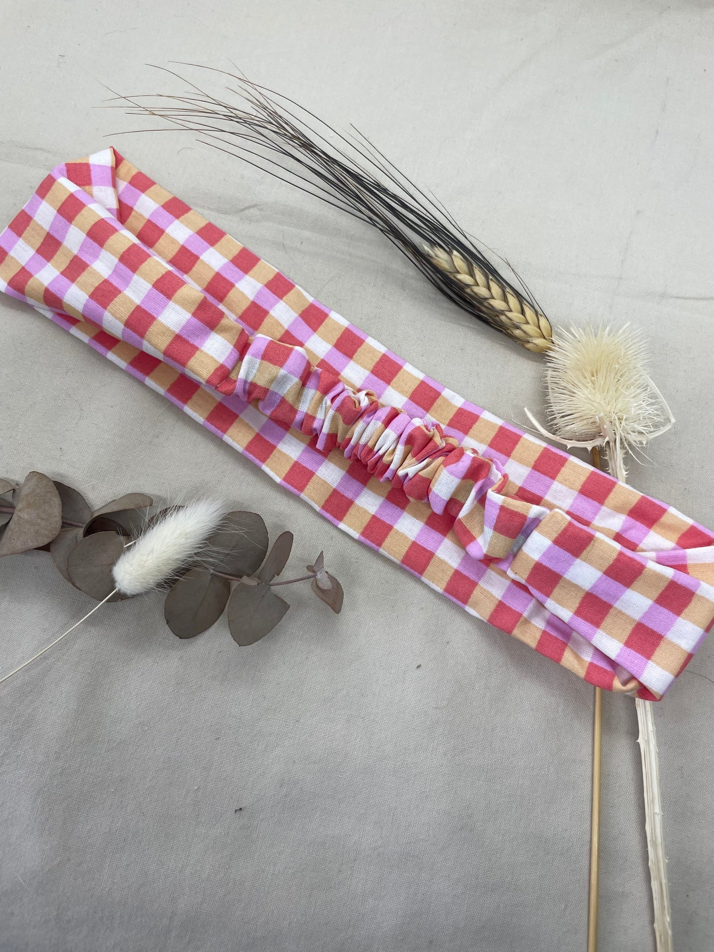 Bandeau néon carreaux rose orange coton