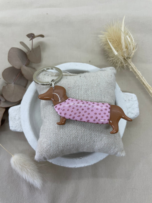 Porte-clés Teckel rose à pois grand modèle