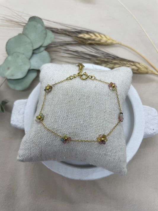 Bracelet fleurs perles roses vertes