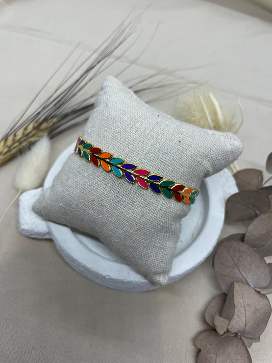Bracelet jonc semi ouvert laurier multicolore doré