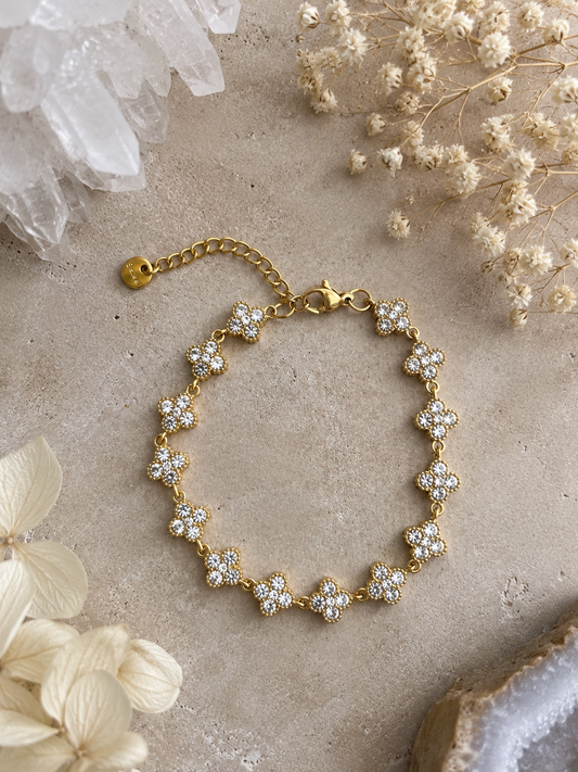Bracelet strass fleurs blanc doré