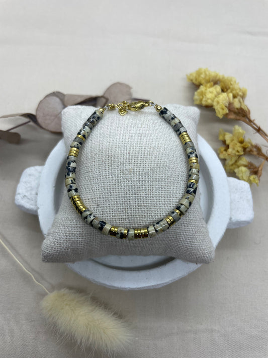 Bracelet Jade jaspe dalmatien doré