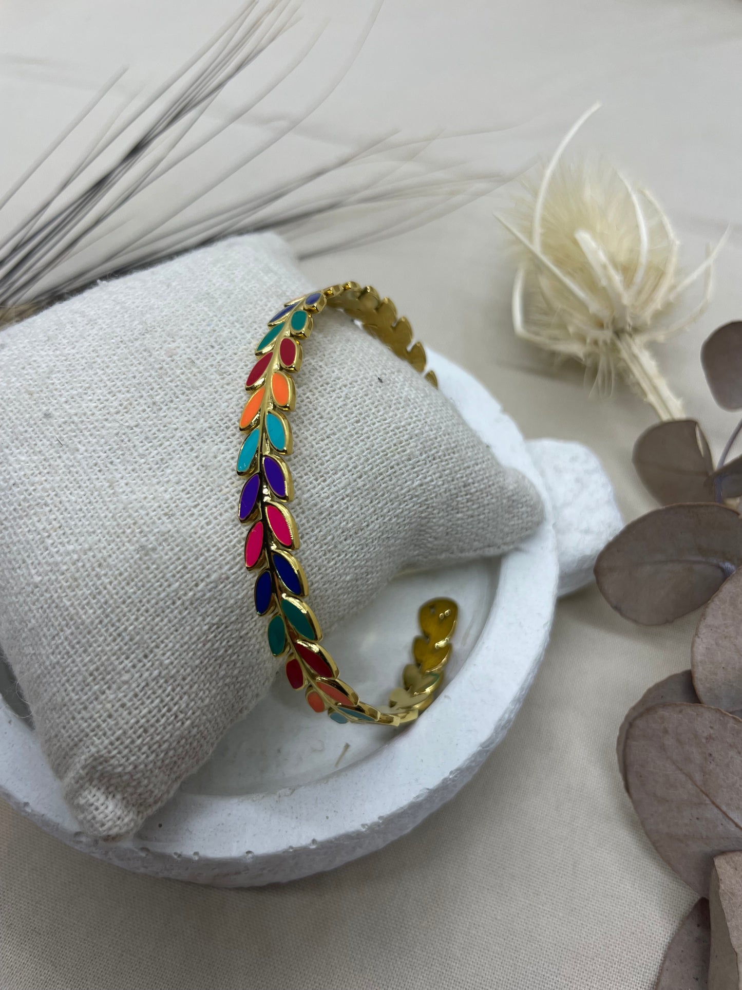 Bracelet jonc semi ouvert laurier multicolore doré