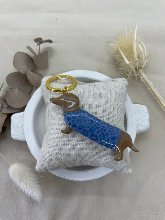Porte-clés Teckel tacheté léopard bleu grand modèle