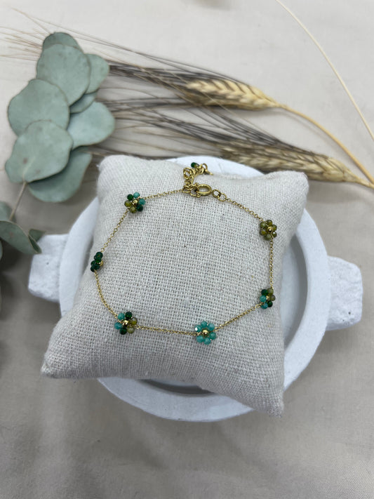 Bracelet fleurs perles bleu vert