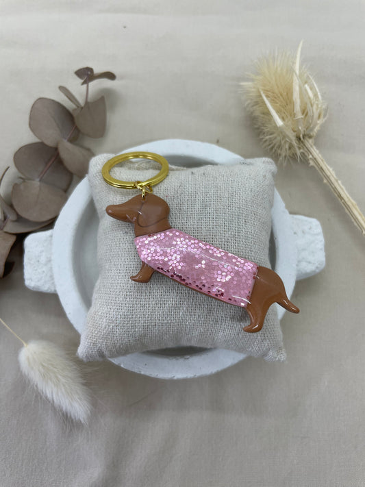Porte-clés teckel paillettes rose grand modèle