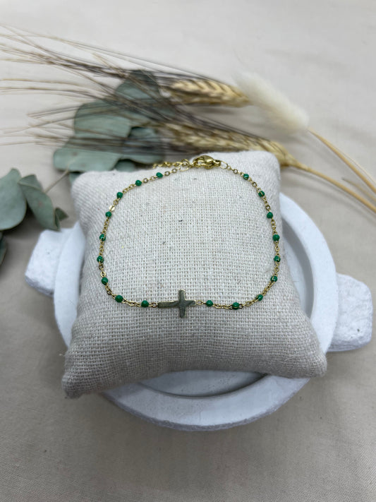 Bracelet Croix doré vert