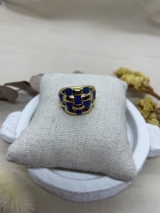 Bague quadrillage bleue dorée