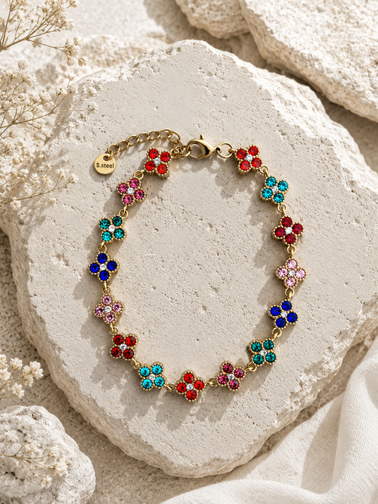 Bracelet fleurs strass multicolore foncé doré