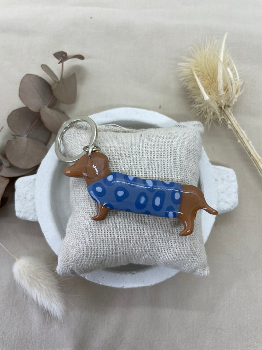 Porte-clés Teckel léopard bleu grand modèle