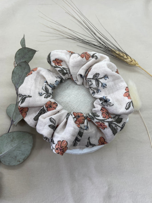 Chouchou gaze de coton fleurs beige