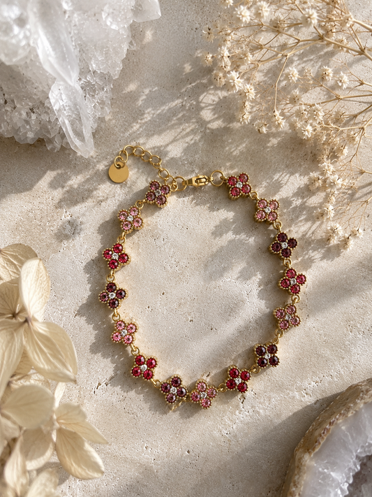 Bracelet fleurs strass rose violet doré