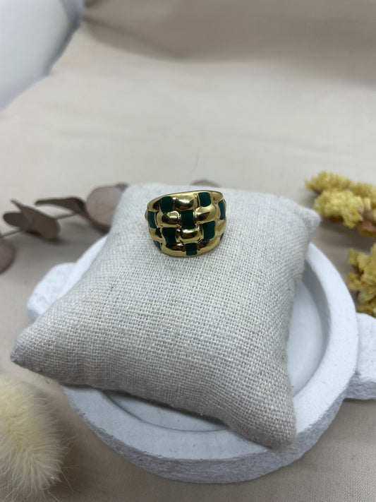 Bague quadrillage verte dorée