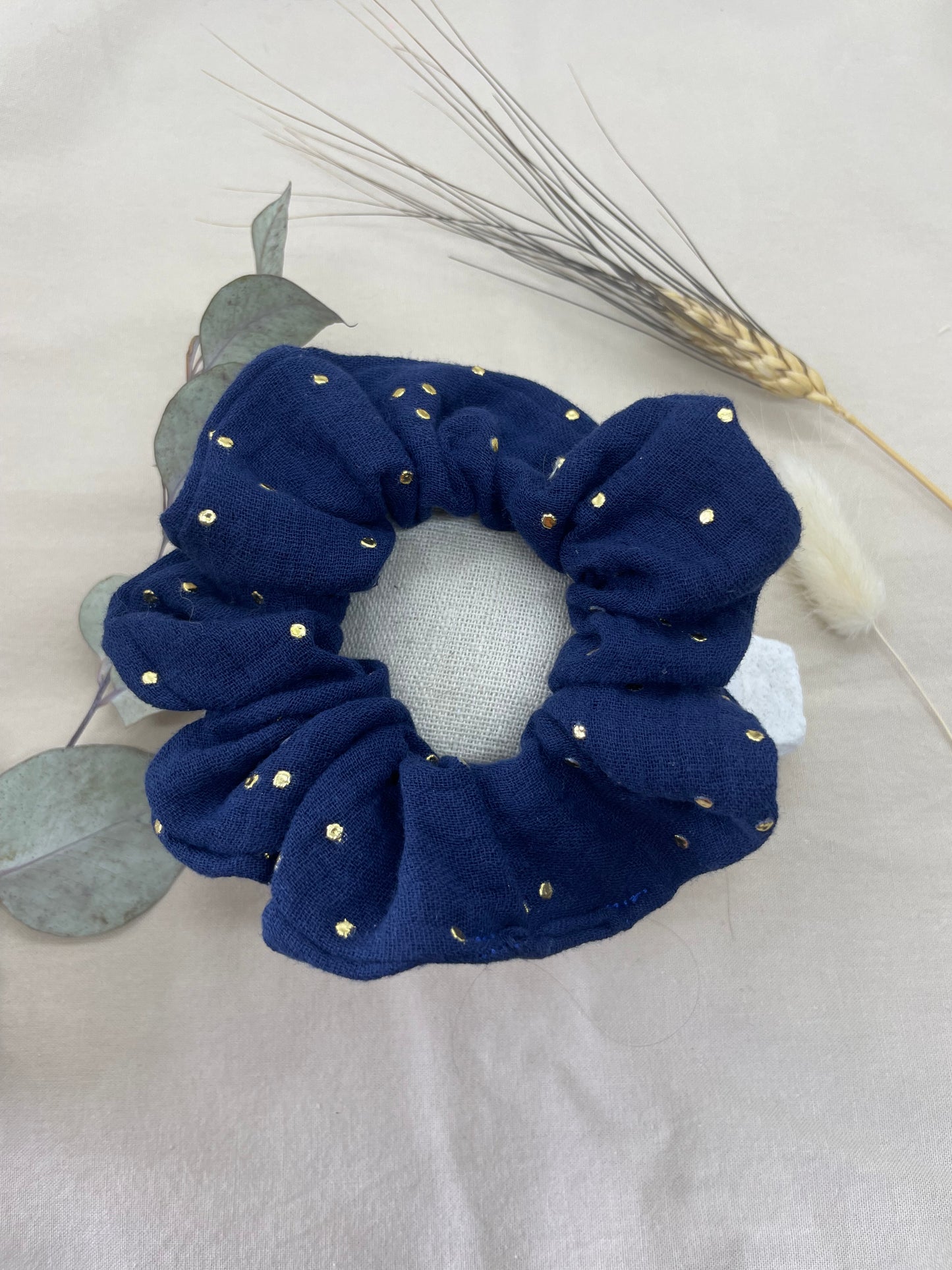 Chouchou gaze de coton bleu pois dorés