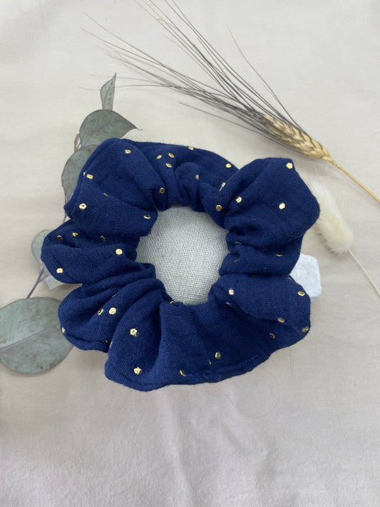 Chouchou gaze de coton bleu pois dorés
