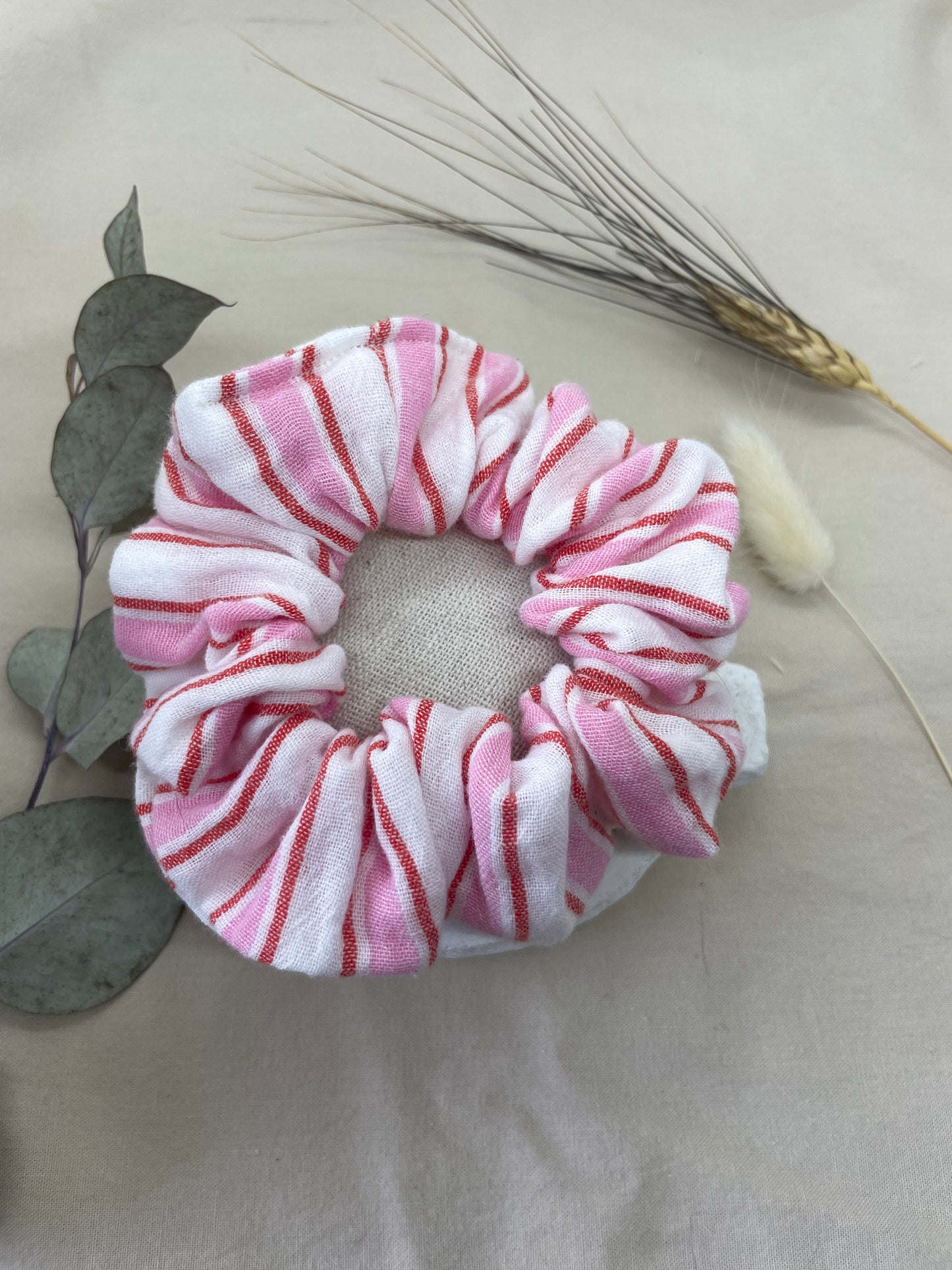 Chouchou rayures roses rouges gaze de coton