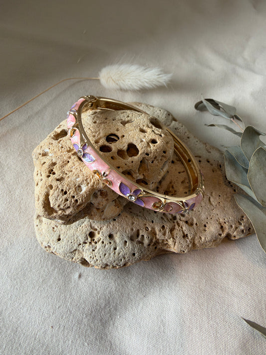Bracelet jonc thaïlandais rose et violet fleurs