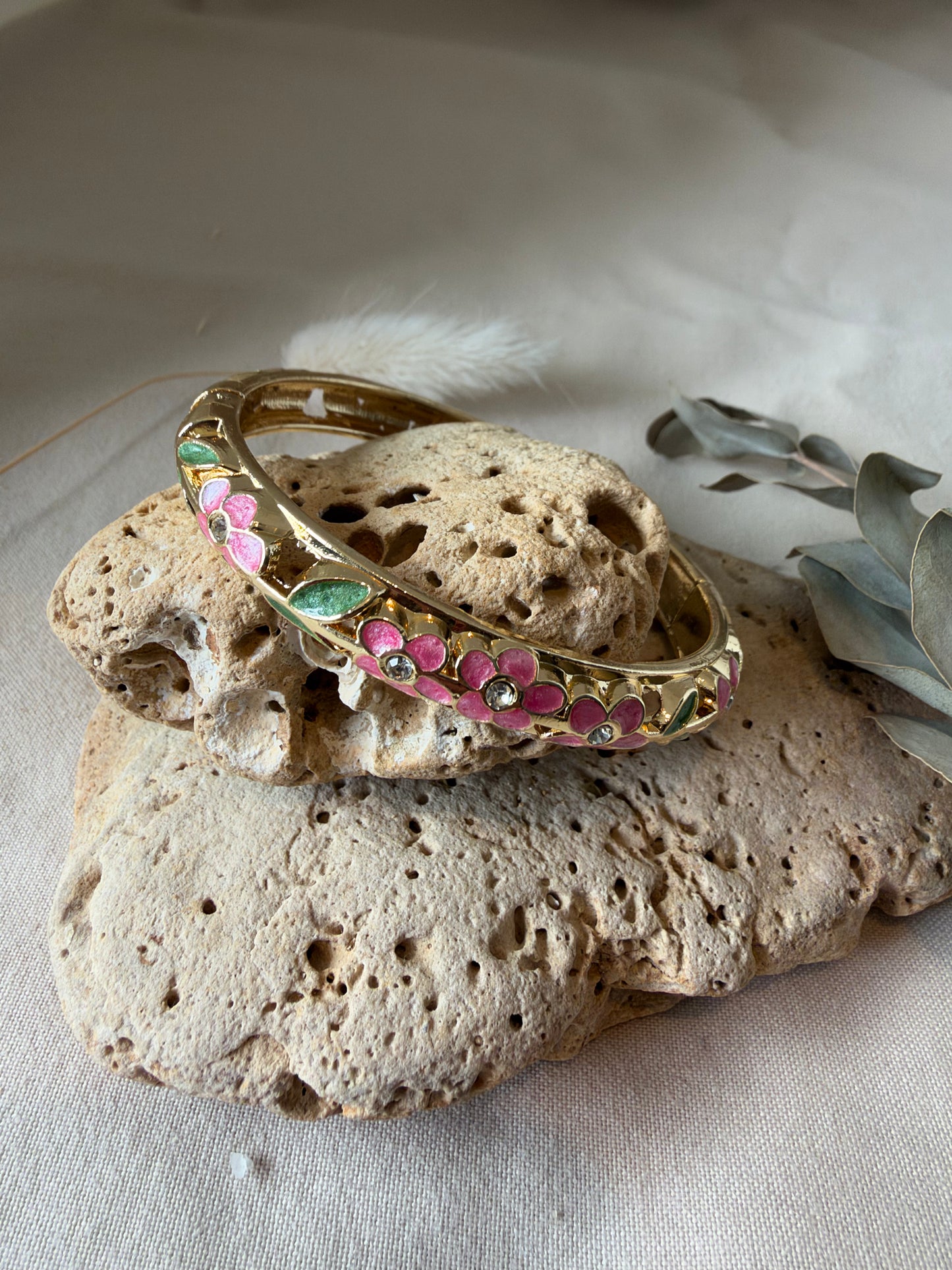 Bracelet jonc thaïlandais épais rose vert fleurs