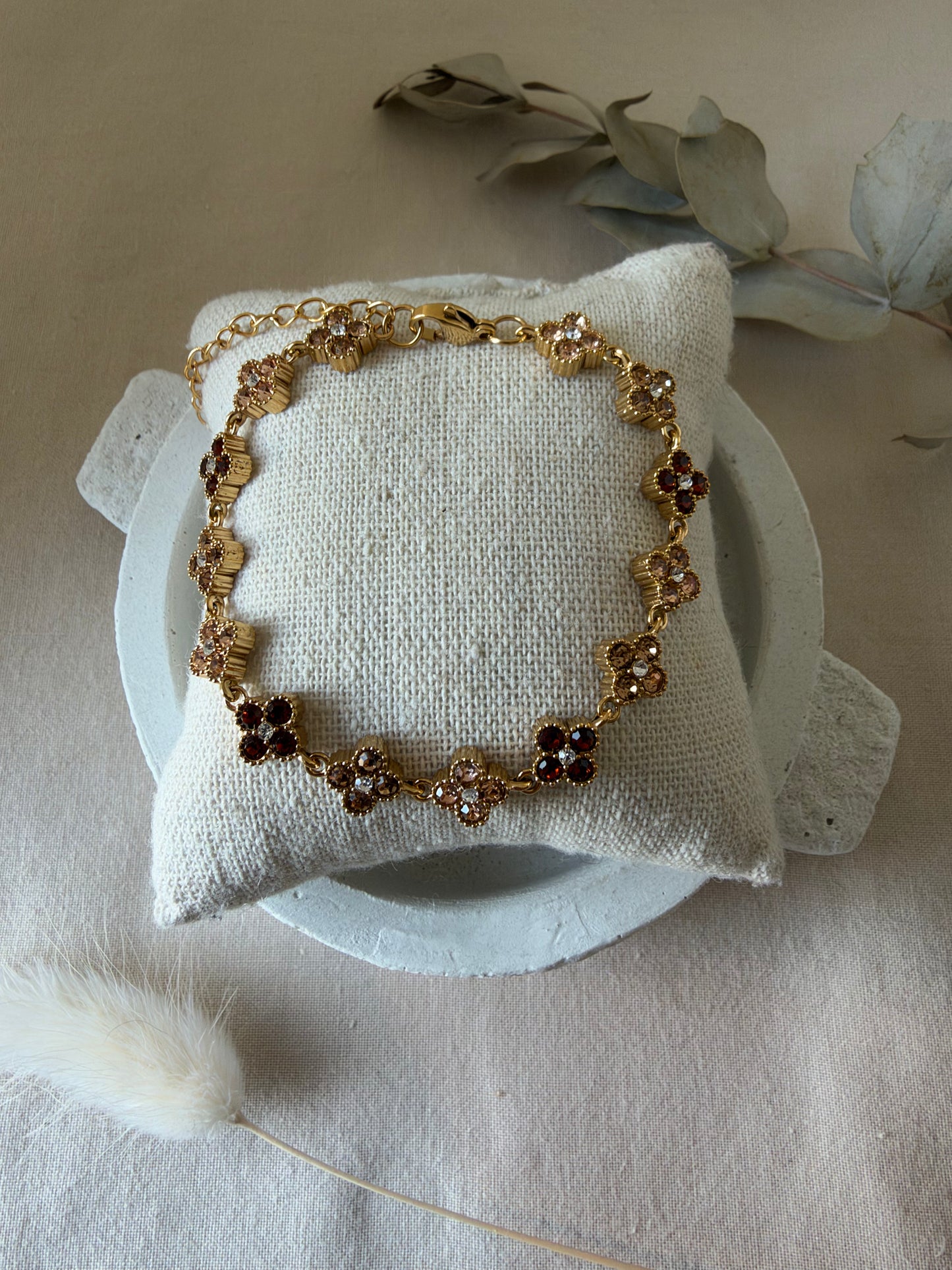 Bracelet fleurs strass champagne marron doré