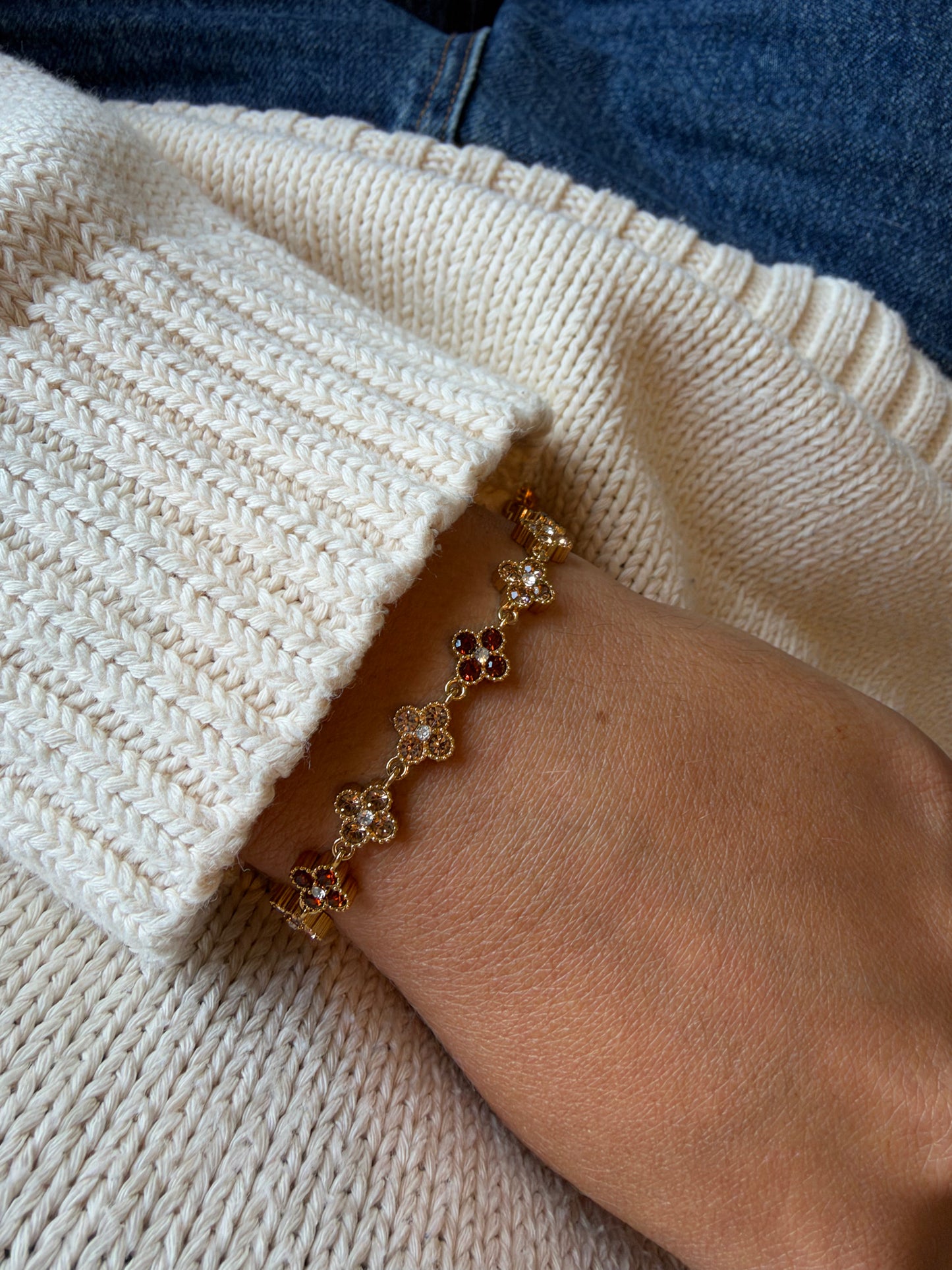 Bracelet fleurs strass champagne marron doré